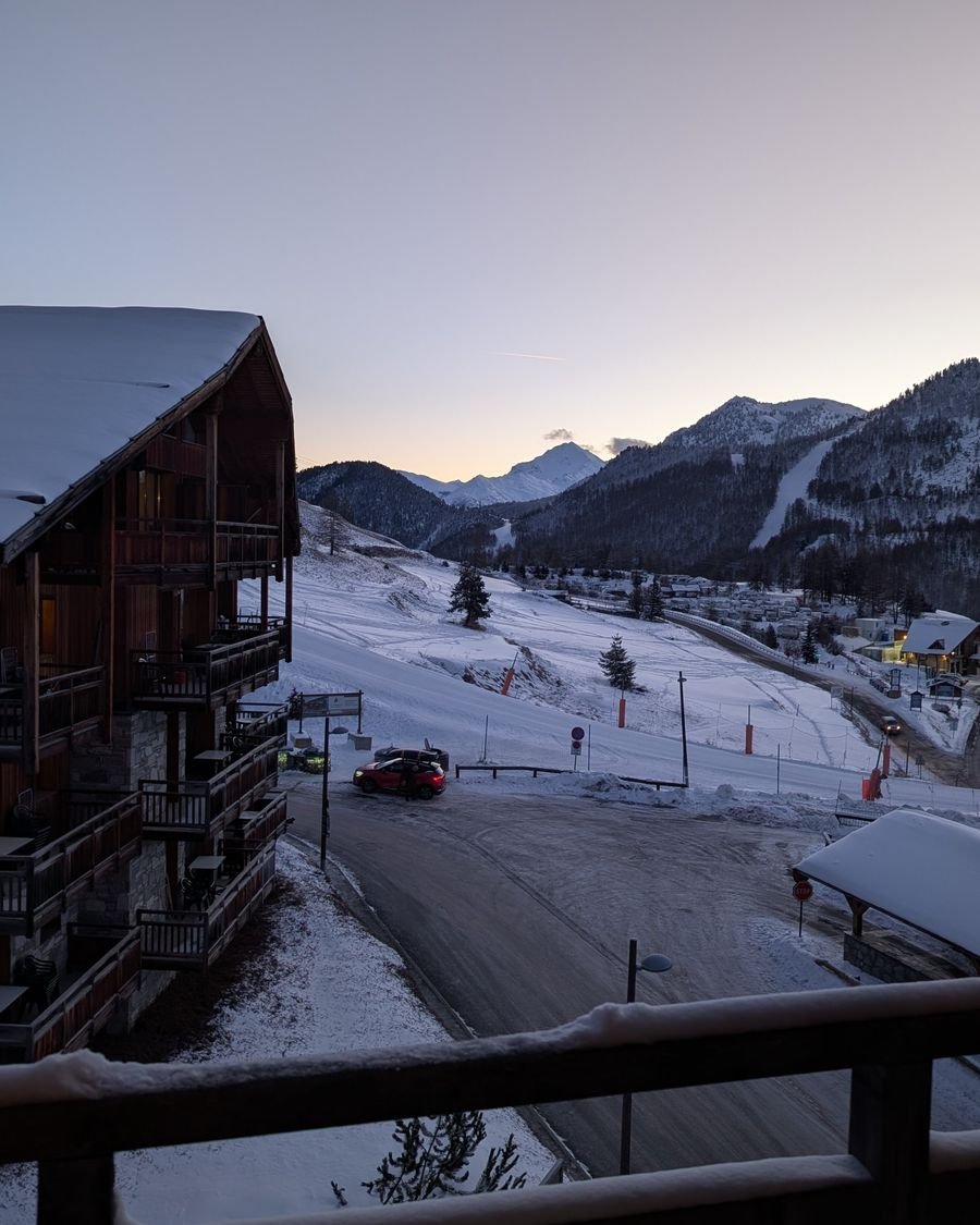 Sunrise over the slopes from our balcony
