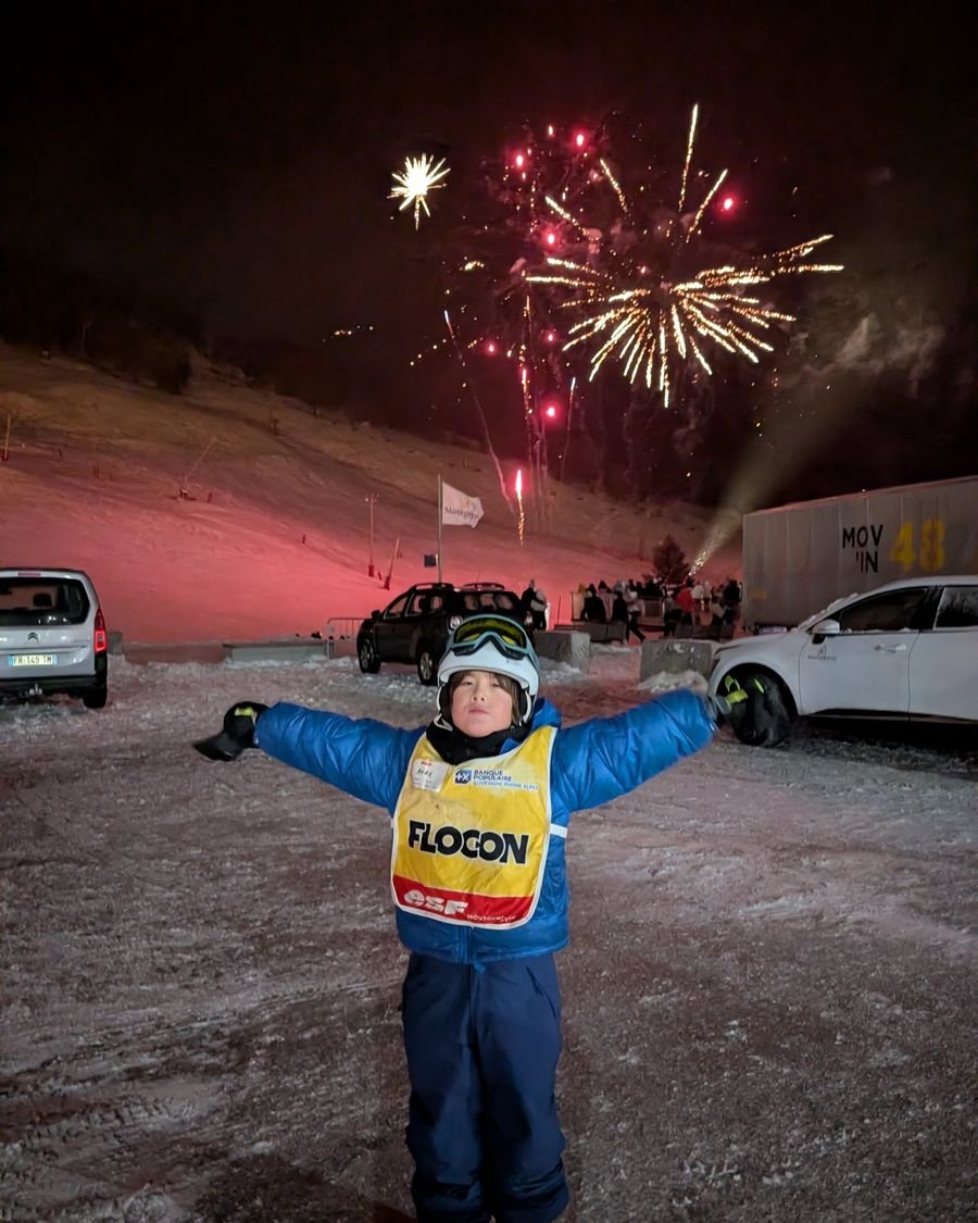 Noah under the Christmas fireworks in Montgenèvre